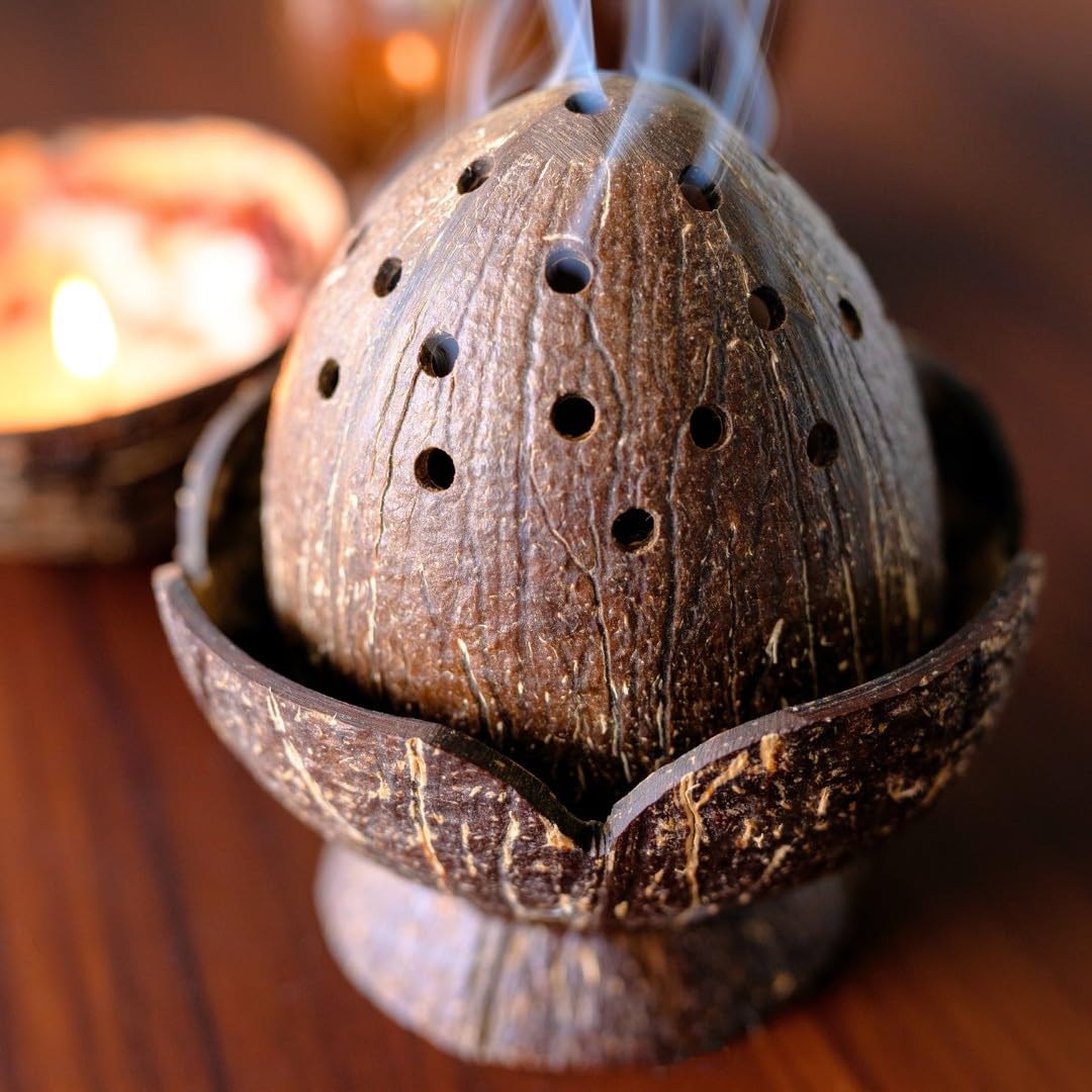 Coconut Shell Dhoop Batti Stand Wooden Incense Holder for Fragrance in Home Office & Pooja Rooms (Set of 1)