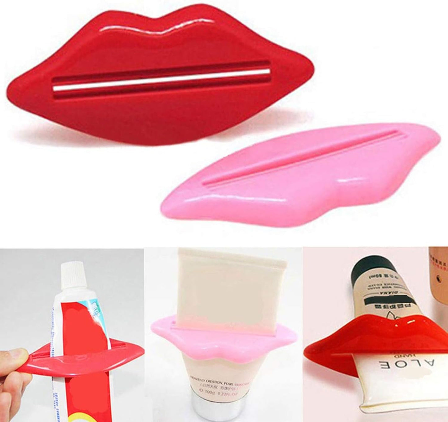 Cartoon Lip Shaped Toothpaste Tube Squeezer Roller – Multifunctional Pink & Red