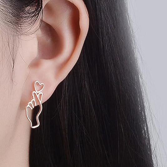 Finger Heart & Gesture Stud Earrings Set – Stylish Drop Ear Cuffs for Women