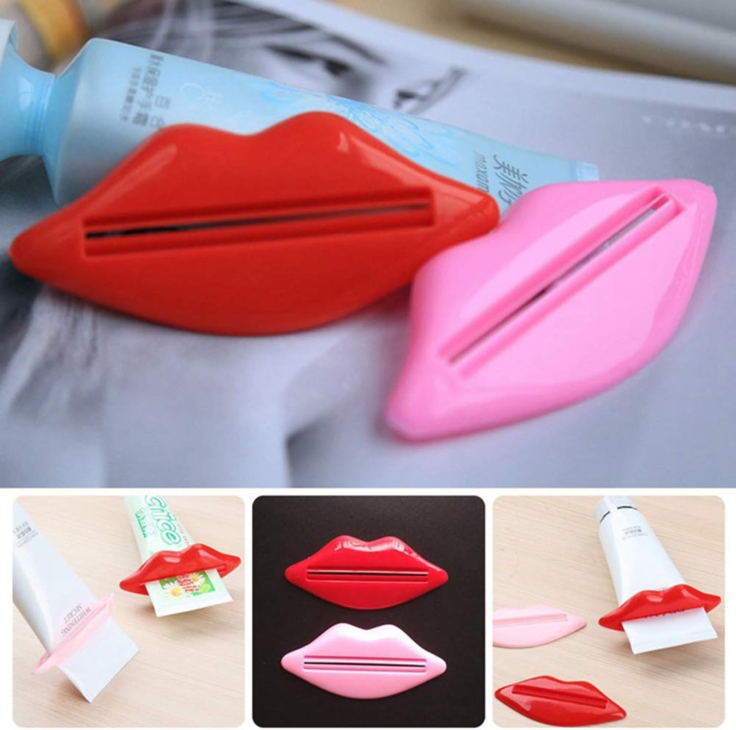 Cartoon Lip Shaped Toothpaste Tube Squeezer Roller – Multifunctional Pink & Red