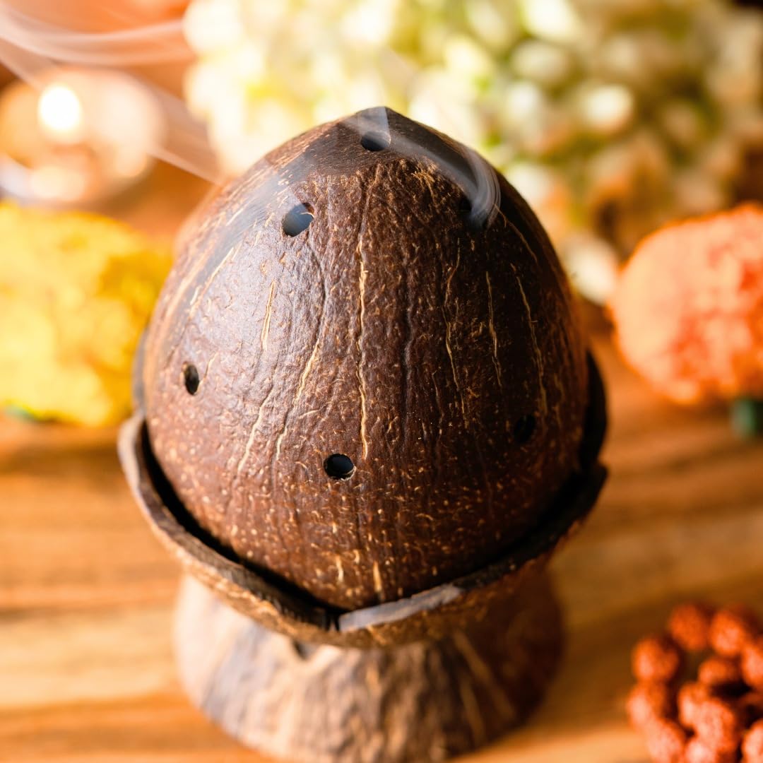 Coconut Shell Dhoop Batti Stand Wooden Incense Holder for Fragrance in Home Office & Pooja Rooms (Set of 1)